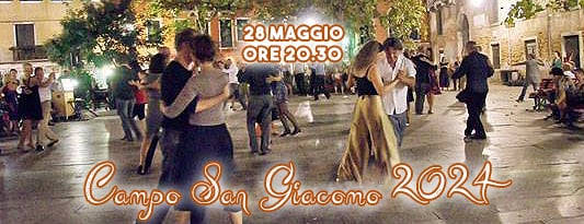 Alcune coppie ballano il tango in un campo veneziano. In sovraimpressione il titolo dell'evento