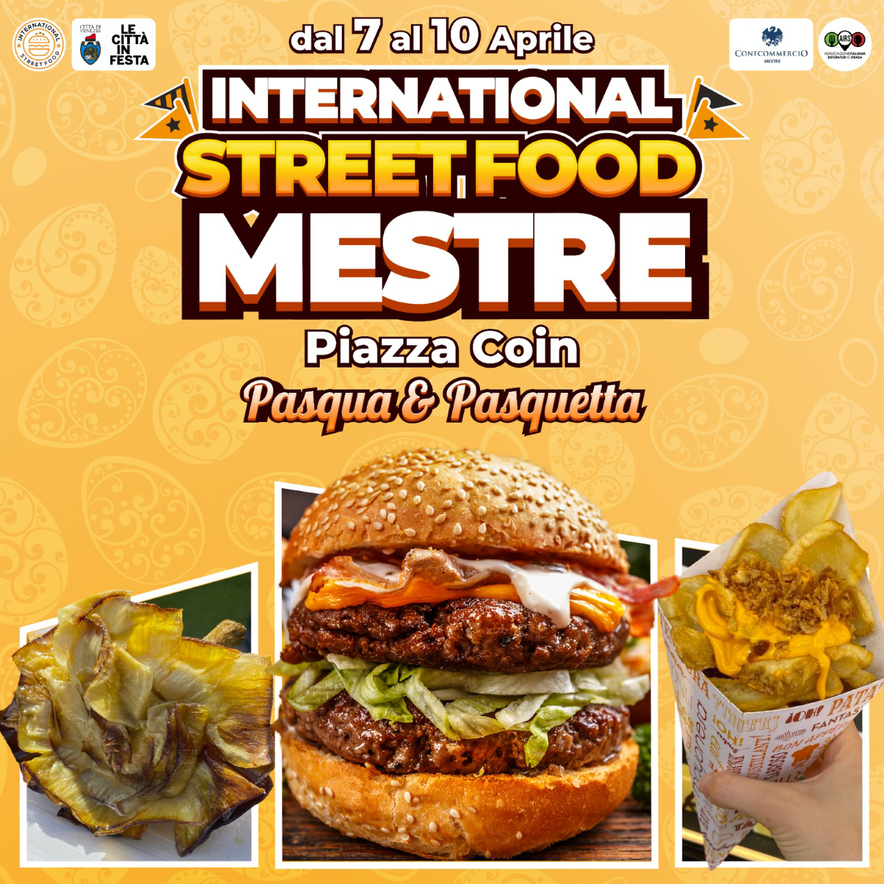 In basso foto di carciofo fritto, hamburger, patatine fritte. In altro scritta "International Street Food Mestre"