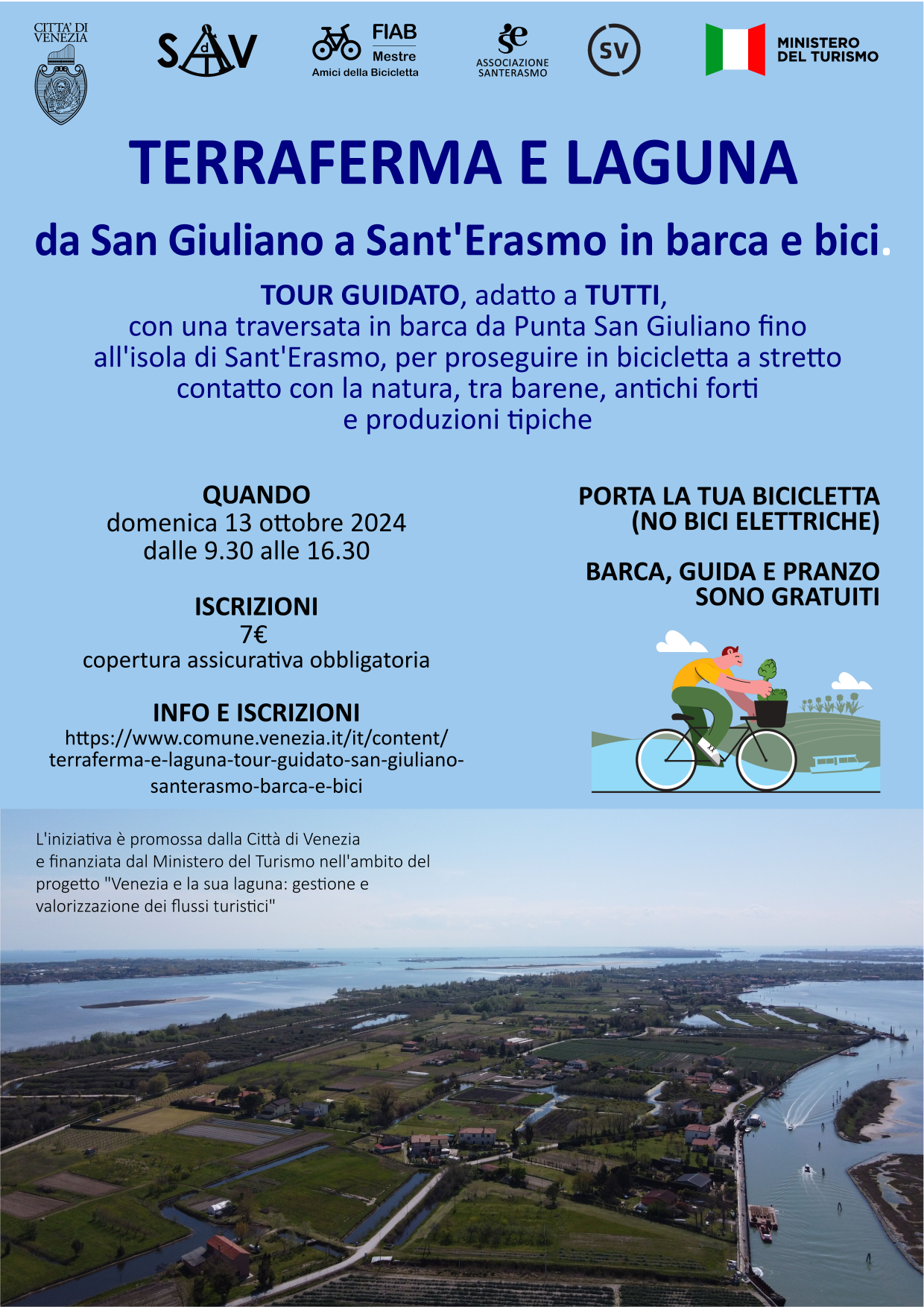 Locandina del tour guidato Terraferma e Laguna: da San Giuliano a Sant'Erasmo in barca e bici