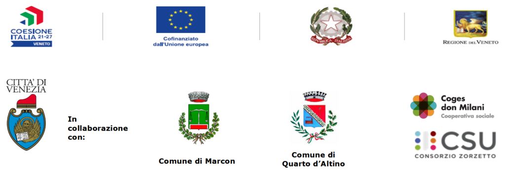 Loghi di coesione Italia 21-27, Unione Europea, Repubblica Italiana, Regione del Veneto, Comune di Venezia, Comune di Marcon, Comune di Quarto d'Altino, Coges Don Milani